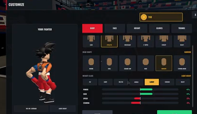 The BODY tab of the Customize screen, with body shape and head shape grids, seven weight class buttons, Light Heavy selected, and four bars labelled POWER, CHIN, SPEED and STAMINA