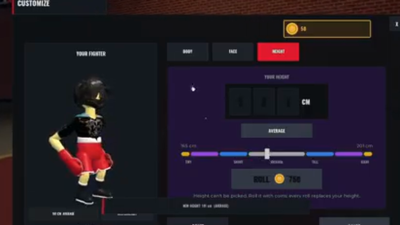 The HEIGHT tab of the Customize screen, with a height readout in centimetres, an AVERAGE band label, a slider running from 165 cm, a ROLL button showing 750, and a footer line about height not being pickable