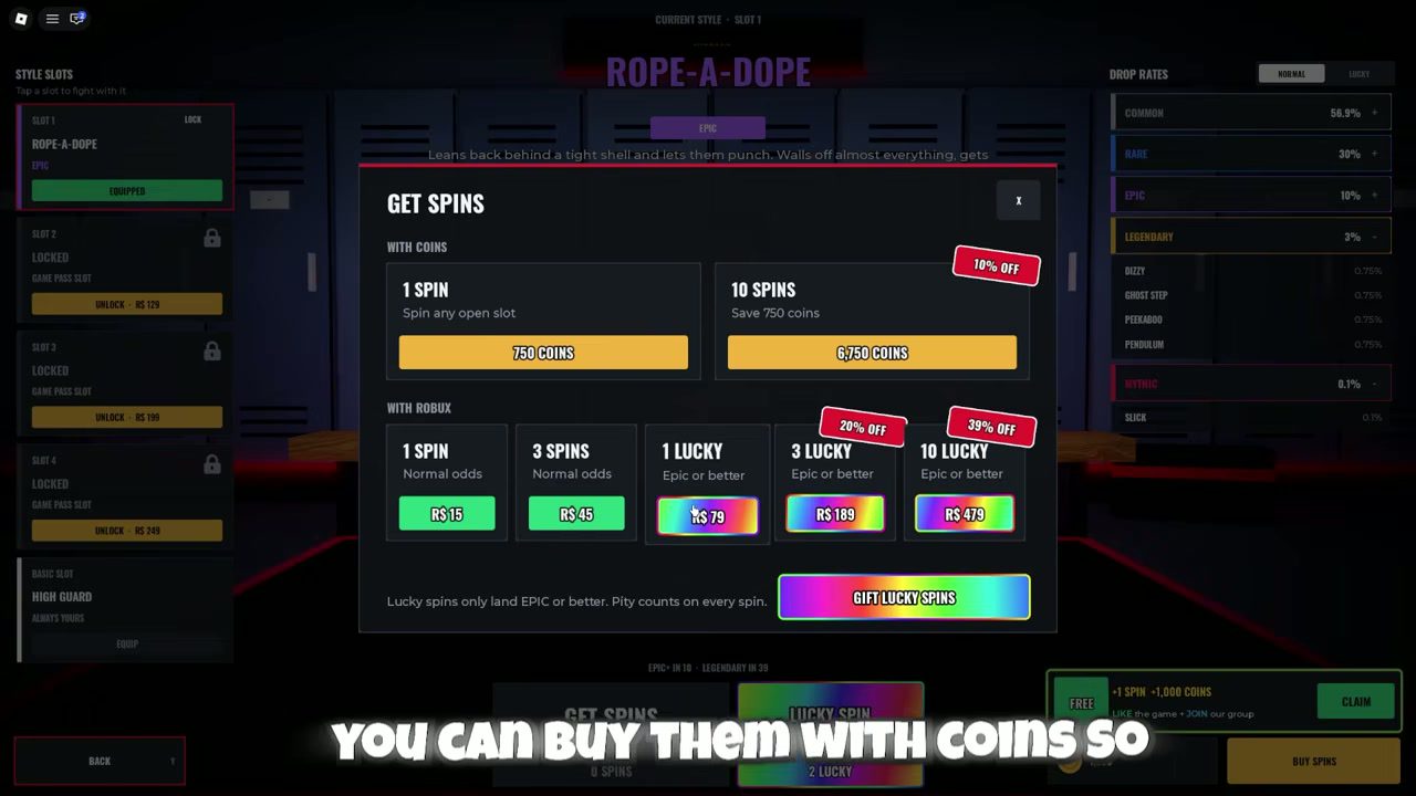 The GET SPINS panel with the codes field above it and the single and ten spin buttons
